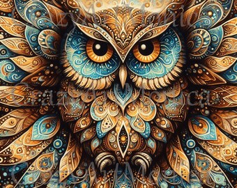 Puede incluir: Ilustración detallada de un búho con patrones intrincados. El búho presenta un diseño simétrico con tonos marrones, dorados y azules. Los ojos del búho son grandes y naranjas, y las plumas están decoradas con detalles ornamentados.