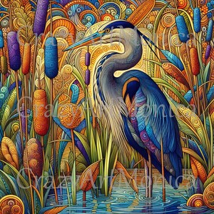 May include: A vibrant illustration of a blue heron standing in water, surrounded by colorful reeds and cattails. The artwork features a detailed, stylized design with shades of blue, orange, yellow, and purple, creating a decorative, nature-themed piece.