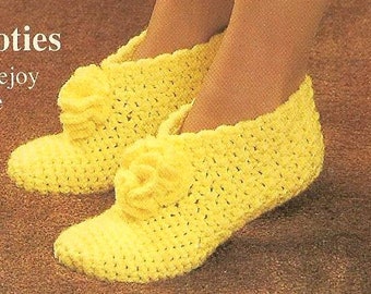 Slippers Booties w/Flower Motif Vintage 80's Crochet Pattern PDF INSTANT DOWNLOAD