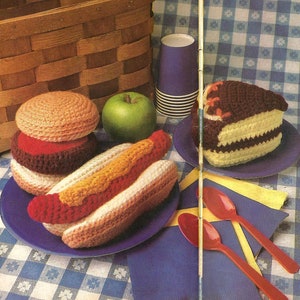 Picnic Food Hamburger Hot Dog Cake Vintage 80s Crochet Patterns PDF INSTANT DOWNLOAD