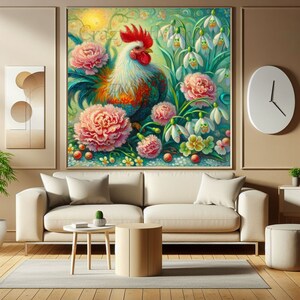Printable Wall Art PNG & JPG Files Instant Download Whimsical Chicken Rooster Floral Farm Animal Folk Art Painting Sublimation Design Print