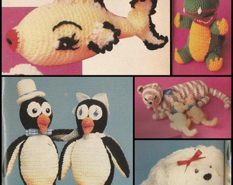 Bundle Lot of 5 Vintage Toy Crochet Patterns PDF INSTANT DOWNLOAD Alligator, Cat & Kittens, Dog, Goldfish, Penguins