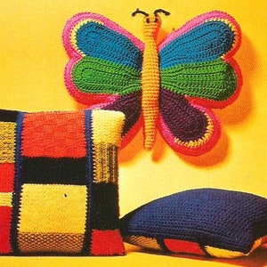 Crochet Butterfly Pillow & Knit Patchwork Pillow Two Vintage Patterns PDF INSTANT DOWNLOAD