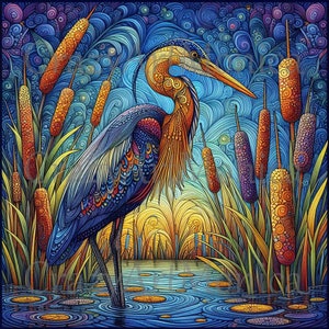 Printable Wall Art PNG & JPG Files Instant Download Whimsical Heron Stork Bird Cattails Pond Lake Blue Painting Sublimation Design Print