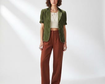 VTG Y2K Tahari Olive Green Silk Blend Velvet Short Sleeve Blazer Jacket Size L