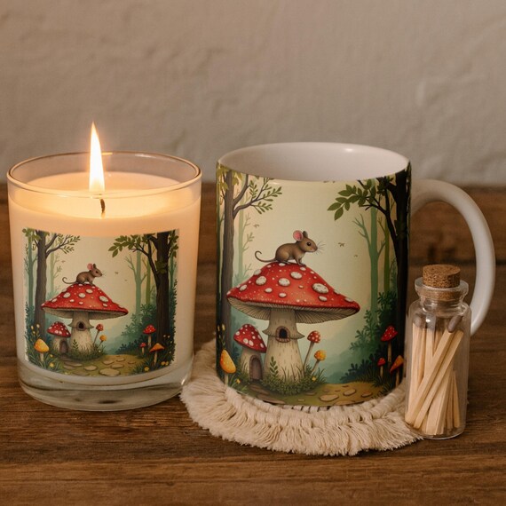 Enchanted Forest Gift Set • Mouse on Mushroom Candle, Mug, Coaster