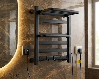 Matte Black Electric Heated Towel Rack - Modern Bathroom Towel Warmer - Wall Mounted Drying Rail