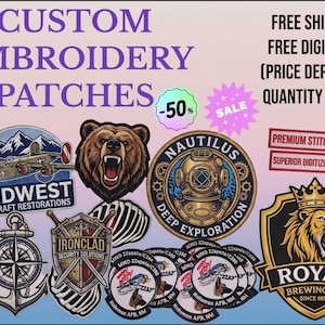 May include: A collection of custom embroidered patches featuring various designs including a brown bear head, a vintage aircraft, a deep-sea diving helmet, a nautical compass with an anchor, a shield with swords, and a lion wearing a crown.