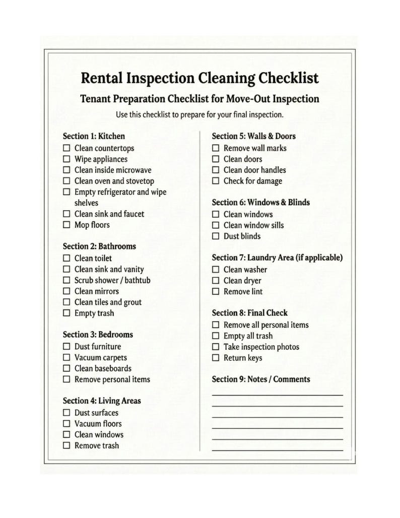 Clean Update Rental Unit Rental Inspection Cleaning Checklist Printable – Move Out Cleaning ...
