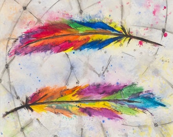 Vibrant Watercolor Feathers with Dreamcatcher Background