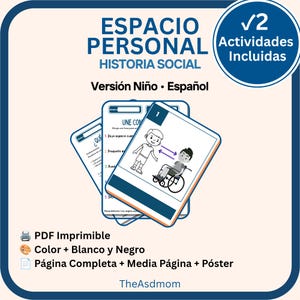May include: Educational printable cards in Spanish with the title "ESPACIO PERSONAL HISTORIA SOCIAL" and the text "Versión Niño". The cards feature illustrations of children and social interaction scenarios. Includes "2 Actividades Incluidas".