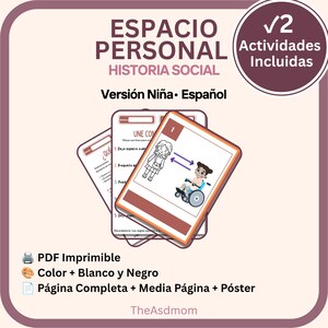 May include: Educational printable cards in Spanish with the title "ESPACIO PERSONAL HISTORIA SOCIAL". The cards feature illustrations of children and text, including "Versión Niña" and "Actividades Incluidas". The image also includes the text "PDF Imprimible".