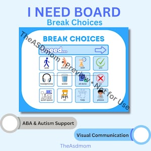 May include: A blue and white visual aid board with the text "I NEED BOARD" and "Break Choices." The board features icons for choices such as "walk," "stretch," "wait," and "yes." It also includes the text "ABA & Autism Support" and "Visual Communication."