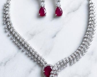 Royal Red Ruby V-Necklace Set | Pear Cut Teardrop Ruby Choker | Elegant Leaf Motif American Diamond Set | Statement Bridal Jewelry