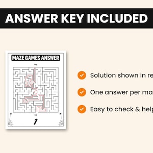 May include: A white maze game answer sheet with black borders and text reading MAZE GAMES ANSWER and 1. A red line traces the solution path from start to end. The page features spider web illustrations in the bottom corners and three bullet points.
