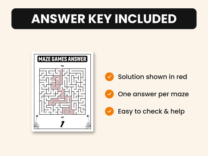 May include: A white maze game answer sheet with black borders and text reading MAZE GAMES ANSWER and 1. A red line traces the solution path from start to end. The page features spider web illustrations in the bottom corners and three bullet points.