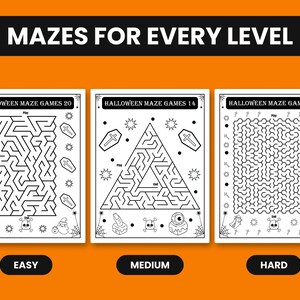 May include: Three black and white printable activity sheets titled MAZES FOR EVERY LEVEL. The pages feature Halloween-themed maze games labeled 20, 14, and 26, decorated with illustrations of coffins, skulls, ghosts, and stars on an orange background.