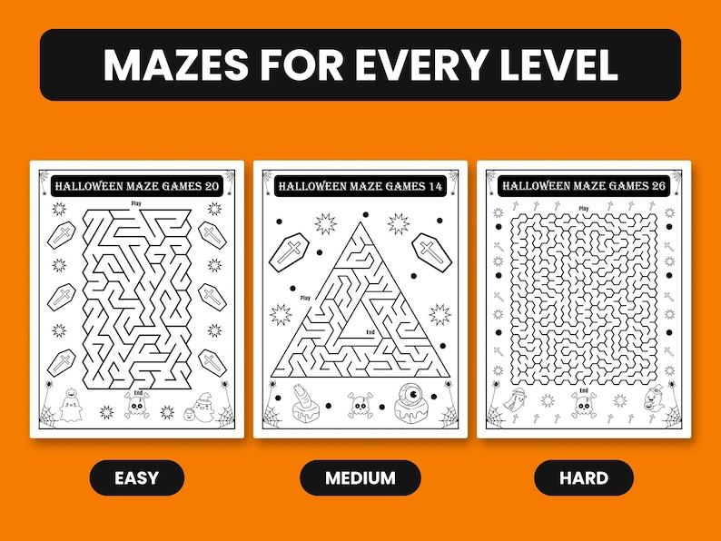 May include: Three black and white printable activity sheets titled MAZES FOR EVERY LEVEL. The pages feature Halloween-themed maze games labeled 20, 14, and 26, decorated with illustrations of coffins, skulls, ghosts, and stars on an orange background.