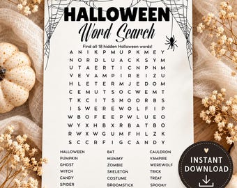 May include: A white paper sheet featuring a Halloween Word Search game with black text and spiderweb illustrations in the top corners. The grid contains letters and a list of 18 words to find, including Halloween, pumpkin, ghost, witch, candy, and spider.