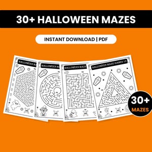 Op de afbeelding: Een verzameling printbare activiteitenbladen met 30+ Halloween-doolhoven, voorzien van zwart-witillustraties van geesten, doodskisten en schedels. De tekst luidt 30+ HALLOWEEN MAZES, INSTANT DOWNLOAD | PDF en 30+ MAZES op een oranje achtergrond.