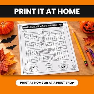 May include: A white paper sheet featuring a black and white Halloween maze game with the text HALLOWEEN MAZE GAMES - 01, Play, and End. The page includes illustrations of a ghost, a skull with crossbones, and a pumpkin wearing a witch hat.