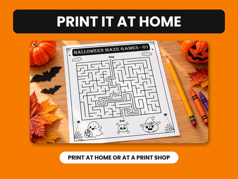 May include: A white paper sheet featuring a black and white Halloween maze game with the text HALLOWEEN MAZE GAMES - 01, Play, and End. The page includes illustrations of a ghost, a skull with crossbones, and a pumpkin wearing a witch hat.