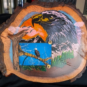 Op de afbeelding: Een handgesneden houten kunstwerk met een Amerikaanse zeearend. Het kunstwerk is geplaatst op een dwarsdoorsnede van een boomstam, met een geschilderde adelaarskop, bergen en een kleiner beeld van een adelaar op een tak.