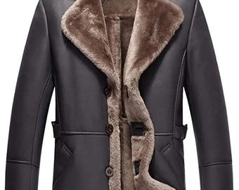 Herren Braun Kunstpelz Shearling gefüttert Schaffell Ledermantel schwere Winter Oberbekleidung