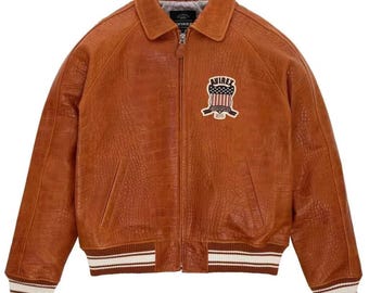 Men's Tan Brown Avirex Croc Icon Limited Edition USA Jacket Genuine Leather Bomber Jacket