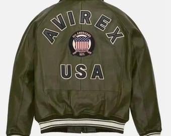 New Men's Avirex USA Olive Green Leather Jacket 90s Retro Military Aviator Jacket Streetwear