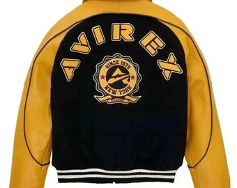 Avirex USA Yellow Wool Leather Bomber Jacket, Classic Varsity Style