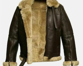 New Men's Brown B3 Aviator Flying Jacket Real Sheepskin Leather Bomber Jacket