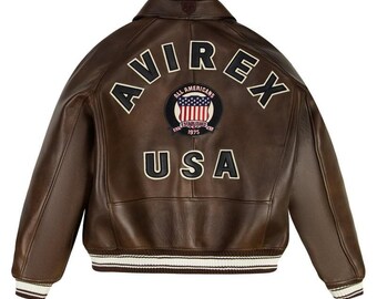 Chaqueta bomber de piel de oveja marrón Avirex para hombre, estilo aviador clásico urbano