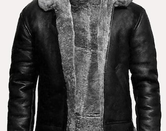 Chaqueta de aviador RAF negra de piel de oveja auténtica para hombre