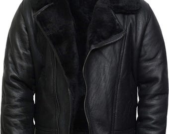 Men’s Black Shearling Sheepskin Leather Jacket Winter Biker Aviator Coat