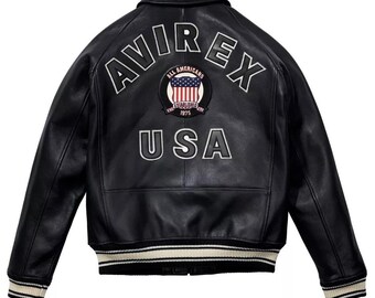 Chaqueta de cuero auténtico negra Avirex para hombre, estilo bomber retro americano, fabricada en EE. UU.