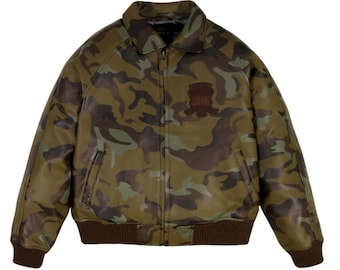 Men's Avirex Camo Leather Aviator Jacket USA Military Bomber Coat Vintage Streetwear Style