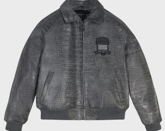 Men's Avirex Grey Icon Croc Leather Jacket Limited Edition Genuine Distressed Jacket