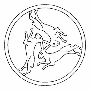 May include: A black and white line drawing of three hares in a circle. The hares are depicted with long ears and are arranged in a circular pattern, with their ears overlapping. The image has a simple, illustrative style.