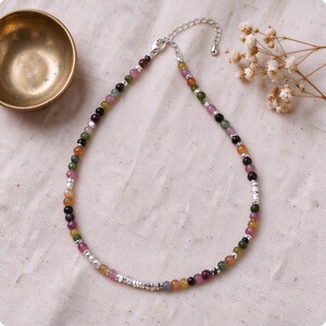 Multi-color Tourmaline Beaded Necklace and Bracelet Set, Silver Spacer Jewelry, Delicate Colorful Beads,39+5cm Necklace, Gift for Her