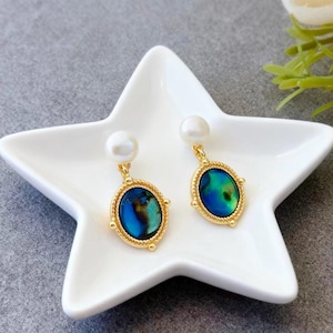 Può includere: Un paio di orecchini dorati con centri ovali iridescenti blu e verdi. Ogni orecchino presenta una piccola perla bianca nella parte superiore. Gli orecchini sono esposti su un piatto bianco a forma di stella.