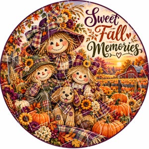 Sweet Fall Memories Scarecrow Family Round Sign PNG, Pumpkins and Sunflowers, Digital Download