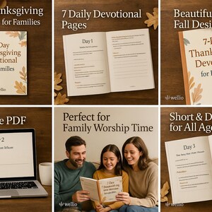 May include: A collection of images showcasing a 7-Day Thanksgiving Devotional for Families. The book features a fall design with leaves and the text "7-Day Thanksgiving Devotional for Families". Other images show the devotional's pages and a family reading it.