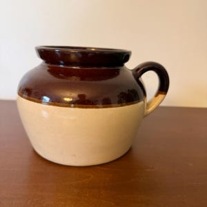 Vintage Bean Pot Single Handle Wide Mouth Brown Cream Glaze Stoneware USA