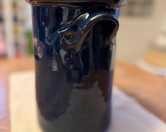 VTG Studio Pottery Crock Vase Blue Brown Drip Glaze Signed Stoneware 8.5” H