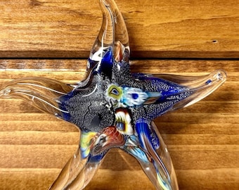 Vintage Millefiori Murano Style Colorful Art Glass Paperweight Blue Starfish 5"