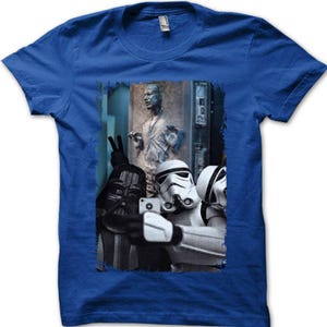 Han Solo Frozen in Carbonite Selfie with Darth Vader and Stormtroopers t-shirt Royal Blue