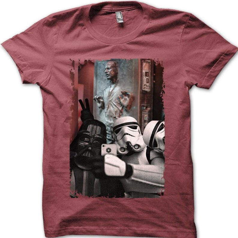 Han Solo Frozen in Carbonite Selfie with Darth Vader and Stormtroopers t-shirt Heather Red
