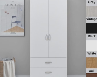 2 Door Ready Assembled White Wardrobe with 2 Storage Drawers Tall Cupboard Hanging Space