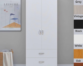2 Door Ready Assembled White Wardrobe with 2 Storage Drawers Tall Cupboard Hanging Space